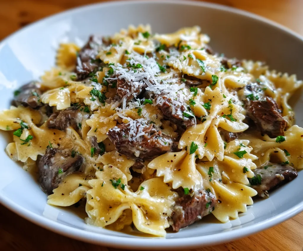 creamy beef and bowtie pasta