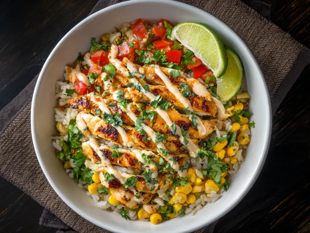 street corn chicken rice bowl