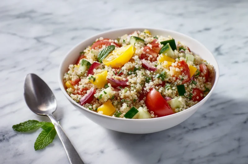 Healthy quinoa salad recipe full of fresh vegetables and herbs