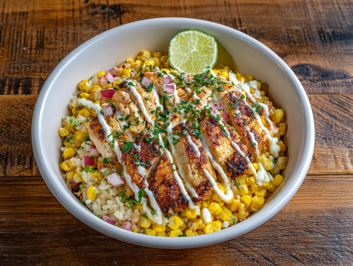 street corn chicken rice bowl